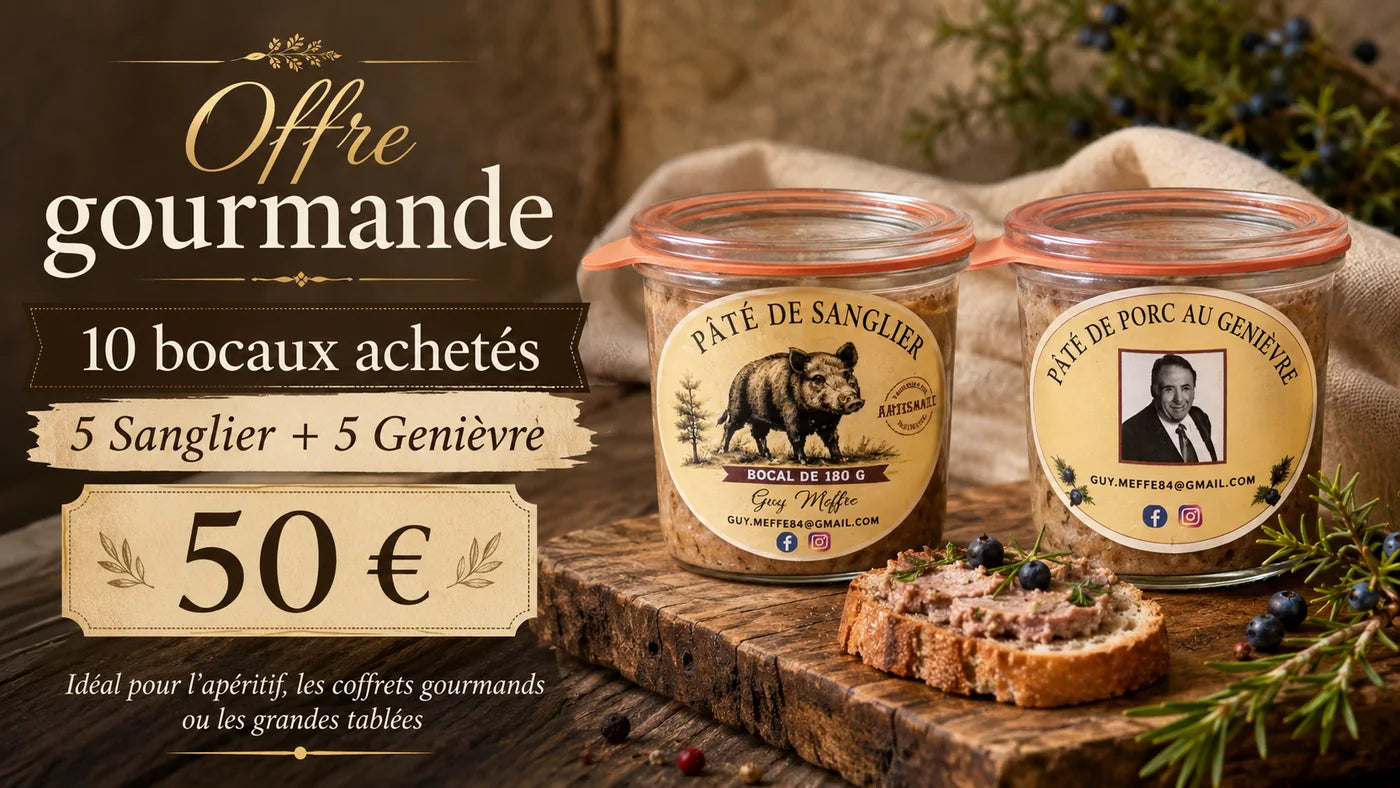 Offre gourmande de dix bocaux, cinq sanglier et cinq genièvre, proposée à 50 euros